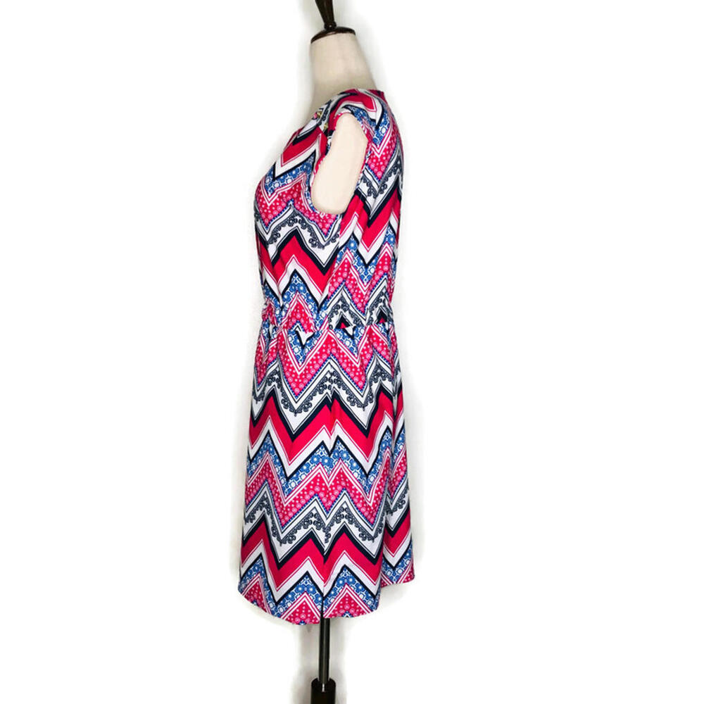 Jude Connally A Line Dress Cap Sleeve Pink Geometric Chevron Print Pockets S - Picture 4 of 9